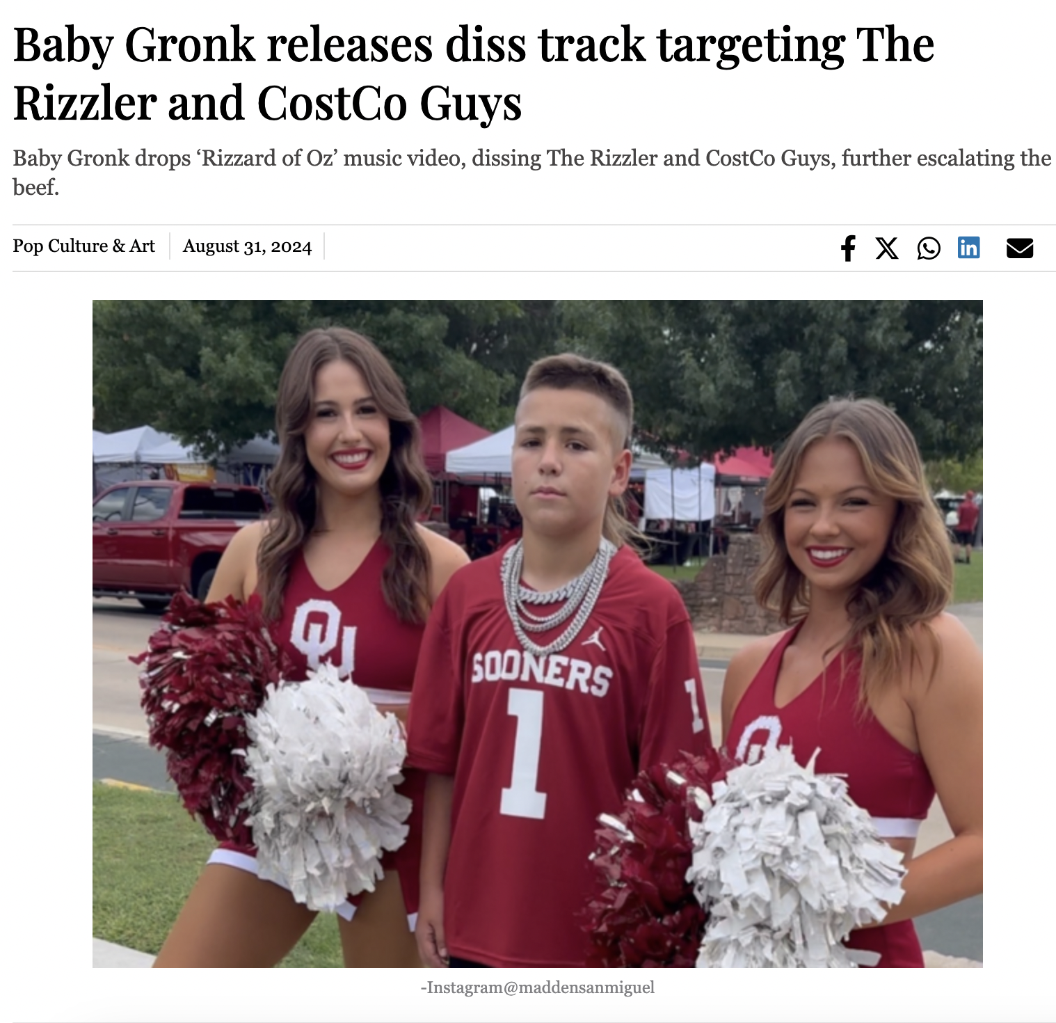 pom-pom - Baby Gronk releases diss track targeting The Rizzler and CostCo Guys Baby Gronk drops 'Rizzard of Oz' music video, dissing The Rizzler and CostCo Guys, further escalating the beef. Pop Culture & Art fx in Q Sooners 1 Instagram